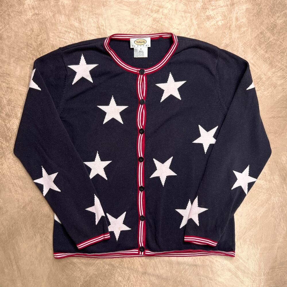 Talbots Navy Star-Print Cardigan with White Stars and Red Trim
